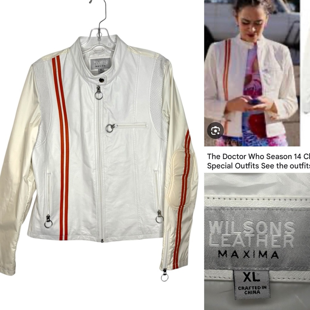 Vintage Wilsons Leather Maxima White Moto Racing Jacket Orange Stripes XL Y2K